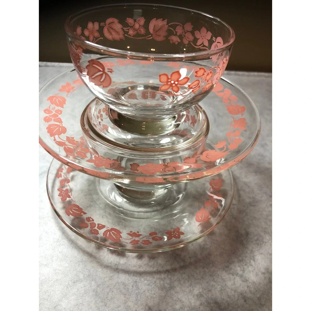 2 ~Vintage Pink Gooseberry Sherbet Bowl & Saucer Sets Coquette Vintage Pyrex